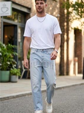 Men's  Black squad (PARANOID)Light Blue baggy Denim JeansSz30 NWT